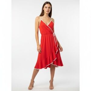 Womens Spaghetti Strap Dress Red White Trim Flowy Elastic Waist Summer Casual